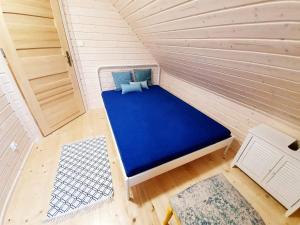 an overhead view of a blue bed in a tiny house at Blue Lake House in Lekarty