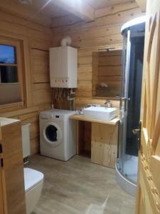 a bathroom with a sink and a washing machine at Dom z bala in Lipowa