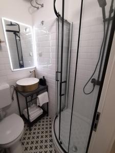 a bathroom with a shower and a toilet and a sink at Apartment Vespa & Jacuzzi in Split