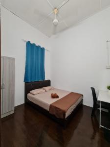 um quarto com uma cama com uma cortina azul em Amilite Heritage Villa em George Town