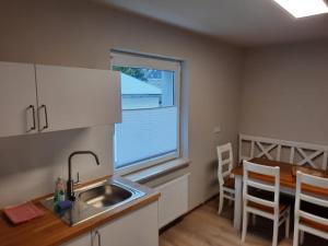 a kitchen with a sink and a table and a window at Haus Florian in Kurort Oberwiesenthal