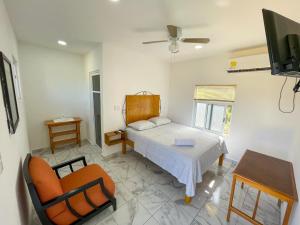 イサマルにあるBuenosdías Izamalのベッドルーム(ベッド1台、椅子、テレビ付)