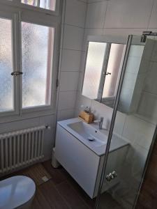 een badkamer met een wastafel, een spiegel en een toilet bij Appartement lumineux au centre du village in Leysin