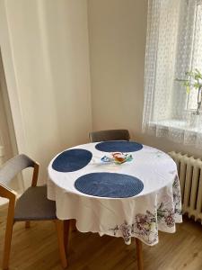 uma mesa com uma toalha de mesa azul e branca em Apartmán Colette em Praga