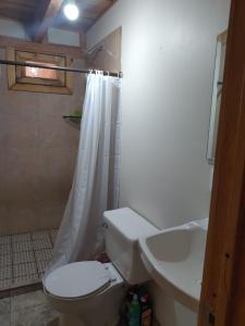 y baño con aseo y lavamanos. en Cabaña Rústica, en El Limoncito