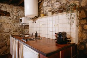 uma cozinha com um lavatório e uma bancada em Apartamentos Rurales La Casina del Fontan em Valle de Lago