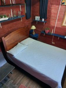 a bed in a room with a wooden wall at La Estancia hostel in Colonia del Sacramento
