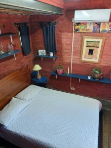 a bedroom with a bed and shelves on the wall at La Estancia hostel in Colonia del Sacramento