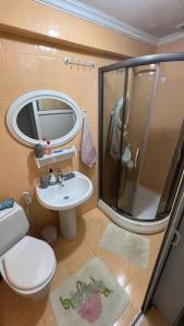 a bathroom with a shower and a toilet and a sink at Rahatlık şıklık ve konfor in Çekirge