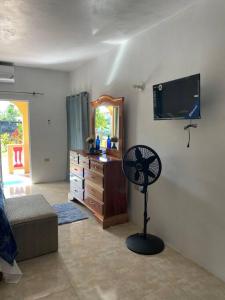 a living room with a fan in the corner of a room at GraceWay Studio Apt with A/C -3mins walk to beach in Negril