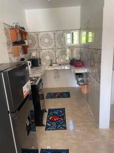 a small kitchen with a refrigerator and a sink at GraceWay Studio Apt with A/C -3mins walk to beach in Negril