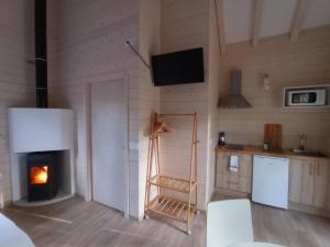 a living room with a fireplace and a ladder at Cabanas da Ulla in Touro