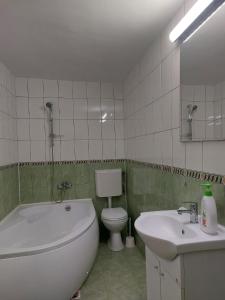 y baño con bañera, aseo y lavamanos. en Casa NIB Calimanesti, en Călimăneşti