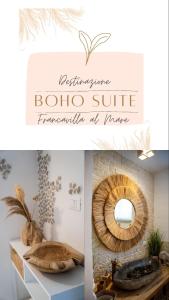 een collage van foto's van een badkamer met een aoola surfspiegel bij Design Sea Apartment -BOHO SUITE- Abruzzo in Francavilla al Mare
