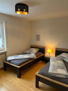 um quarto com duas camas num quarto com um candeeiro em Ferienwohnung in ruhiger Lage em Thurnau