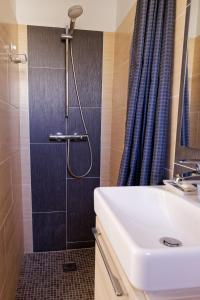 a bathroom with a sink and a shower at Les Tournelles in Courbevoie