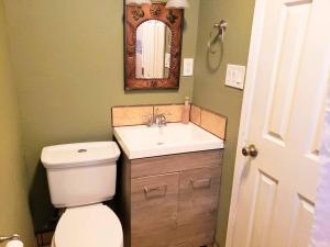 a bathroom with a toilet and a sink and a mirror at White Sands Oasis in Alamogordo