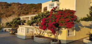 een gebouw met rode bloemen aan de zijkant bij Skarmoutsos Holiday Home in Vourvoúlos