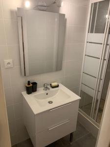 biała łazienka z umywalką i lustrem w obiekcie Superbe duplex vue montagne. w mieście Gréolières