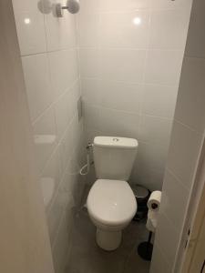 łazienka z białą toaletą w kabinie w obiekcie Superbe duplex vue montagne. w mieście Gréolières