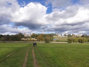 dos personas caminando en un campo bajo un cielo nublado en Stilvolle Wohnung in Elbnähe mit Balkon, Parkplatz, en Dresden