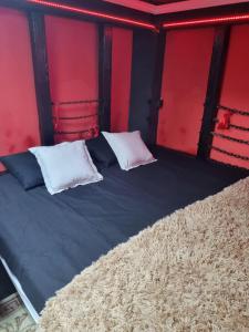 uma cama grande num quarto com paredes vermelhas em Stefan cel Mare studio em Chisinau