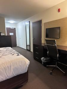 ein Hotelzimmer mit einem Bett, einem Schreibtisch und einem Stuhl in der Unterkunft Sleep Inn & Suites Gulfport in Gulfport