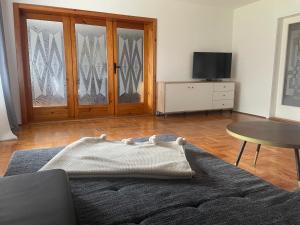 a living room with a couch and a table at Ferienhaus L45 in Elsterheide