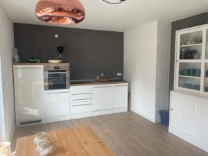 a kitchen with white cabinets and a black wall at Ferienhaus L45 in Elsterheide