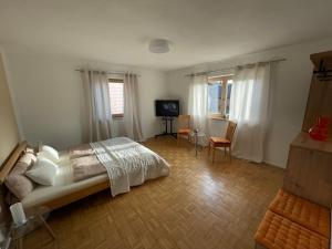 a bedroom with a bed and a television in it at Haus Wiesenblick in Thurmansbang