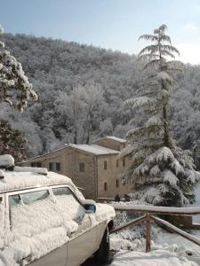a truck covered in snow next to a pine tree at Loft in Chianti in medieval watermill in Gaiole in Chianti