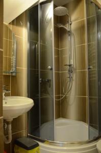 W łazience znajduje się prysznic ze szklanymi drzwiami. w obiekcie Willa pod Zbójem Pipikasem w mieście Szczawnica