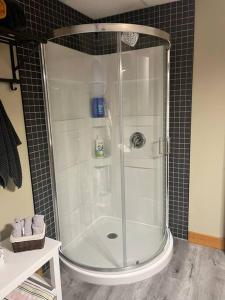 a shower with a glass door in a bathroom at Hébergement paisible à la montagne in LʼAnse-Saint-Jean