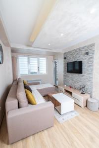 Una sala de estar con un sofá y un televisor. en Aparman Mila Lux, en Zlatibor