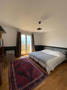 una camera con letto, tappeto e finestra di Grande maison chaleureuse avec vue mer imprenable a Criel-sur-Mer