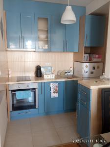 een blauwe keuken met blauwe kasten en een wastafel bij Apartman STANKOVIĆ in Veliko Gradište