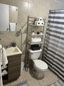 a bathroom with a toilet and a sink and a shower at Departamento, recién remodelado a 3 min USA. 2 in Ciudad Juárez