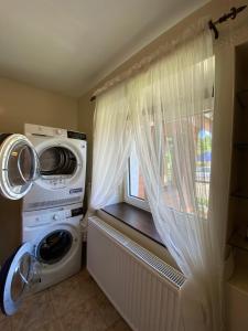 eine Waschküche mit einer Waschmaschine und einem Fenster in der Unterkunft Chatka Czarny Bocian w Podgórzynie in Podgórzyn