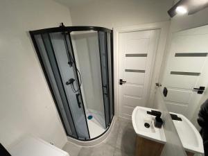 y baño con ducha y lavamanos. en Apartament Nadbrzezna, en Świdnica