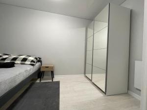 1 dormitorio con una mampara de cristal y 1 cama en Apartament Nadbrzezna, en Świdnica