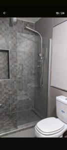 baño con aseo y ducha con puerta de cristal en Hermosa casa en Lomas Del Rey en San Antonio de Arredondo