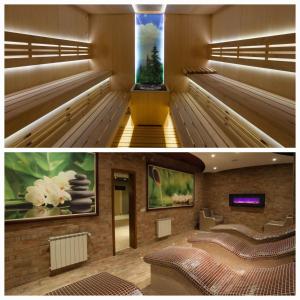 two pictures of a waiting room with benches at Borovets Ski&Spa Studio - Semiramida Garden A16 in Borovets