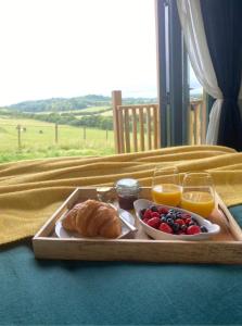 ein Tablett mit einem Teller Obst und Orangensaft in der Unterkunft Pilgrims Nap in Rainham
