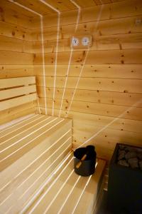 a wooden sauna with a black bear sitting in it at Seeberhof in Racines