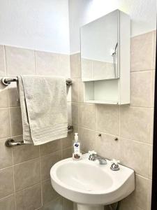y baño con lavabo, espejo y toallas. en Loft Quinta Sección en Mendoza