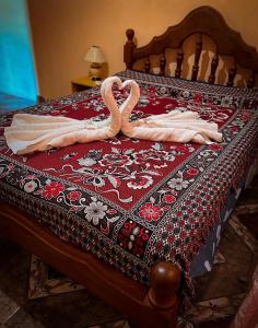 dos cisnes están sentados en la parte superior de una cama en Casa Valle del Bermejo en Villa Unión