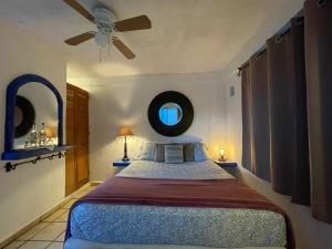 una camera con letto, ventilatore a soffitto e specchio di Hotel Posada Señor Mañana a San José del Cabo