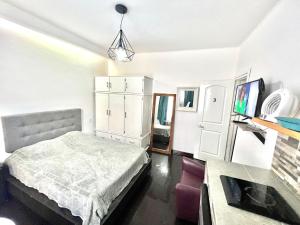 1 dormitorio con 1 cama y TV de pantalla plana en Citla-3 Hermoso e iluminado departamento, en Ciudad de México