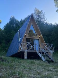 uma pequena casa com um telhado de gambrel com um alpendre em Araucaria Lodge em Curacautín