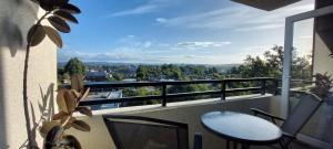 balcón con mesa, sillas y vistas en Ainil Apartment en Valdivia